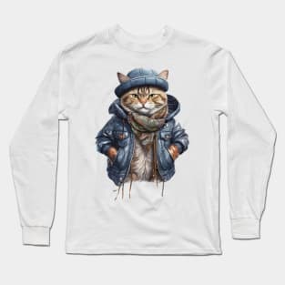 cute street cat wearing a leather jacket and hat Long Sleeve T-Shirt